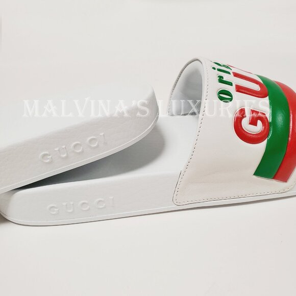 GUCCI SHOES MENS ORIGINAL WHITE LEATHER RUBBER SLIDE SANDAL w WEB sz 8G 8.5 US - Picture 11 of 15